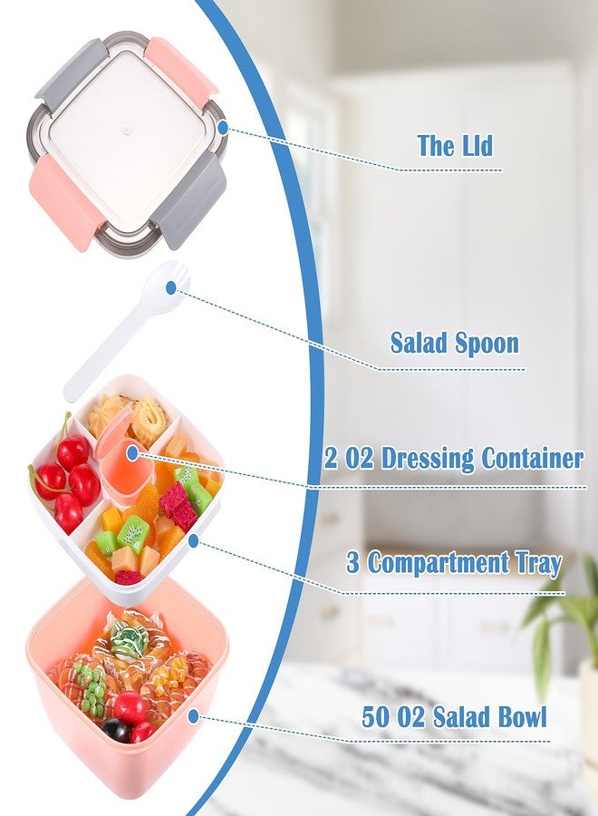 Lemecima Salad Lunch Container To Go, 4 Packs 50-oz Bowls With 3 Compartments, Dressings Container for Toppings, Snacks, Men, Women (Pink+Blue) - Image 3